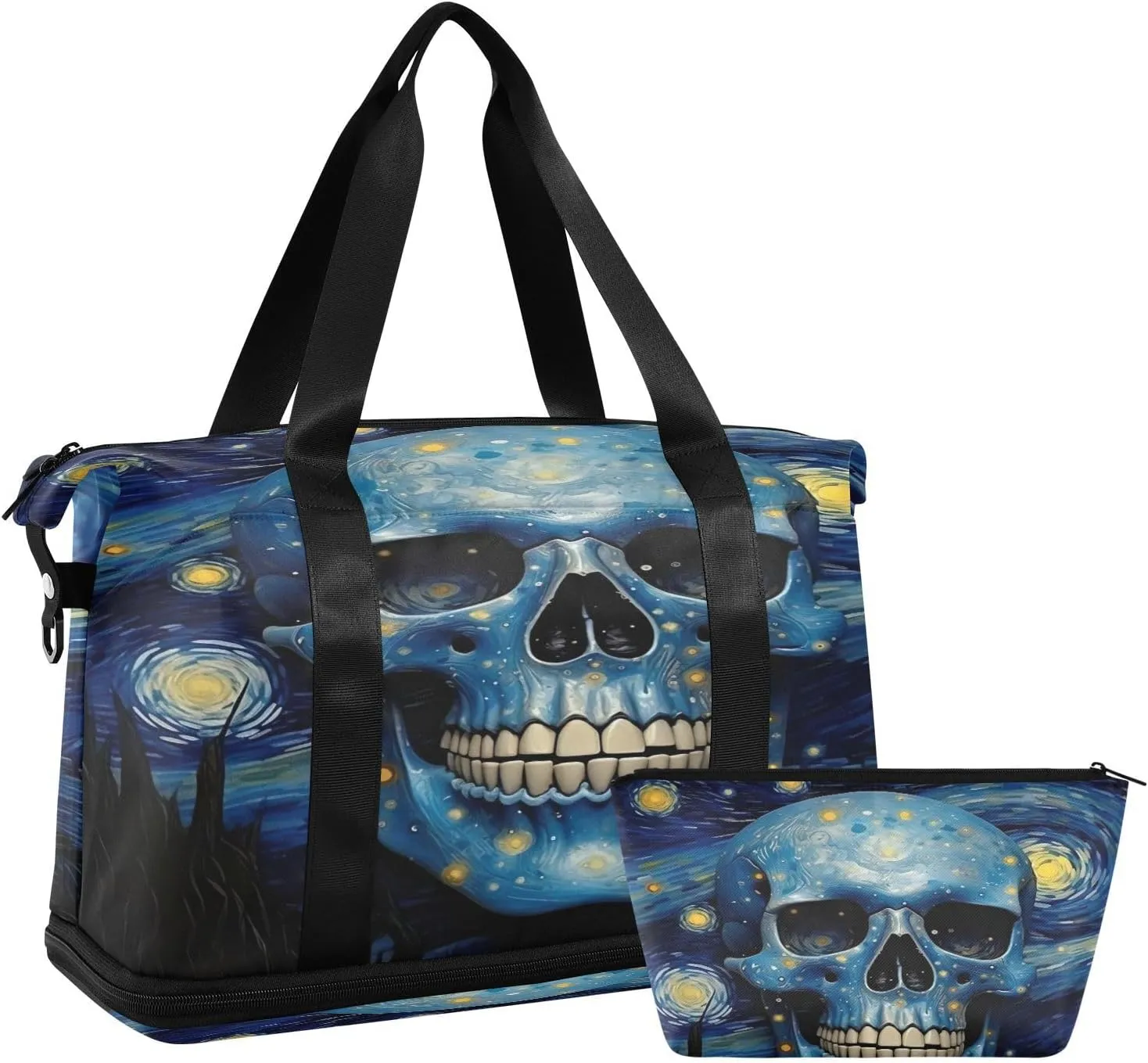 Kigai Art Starry Sky Skull Gym Bag for Women & Men,Waterproof Weekender Overnight Bag with Shoes Compartment Sports Duffel Bag for Gym Yoga Swimming Camping