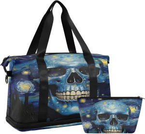 Kigai Art Starry Sky Skull Gym Bag for Women & Men,Waterproof Weekender Overnight Bag with Shoes Compartment Sports Duffel Bag for Gym Yoga Swimming Camping