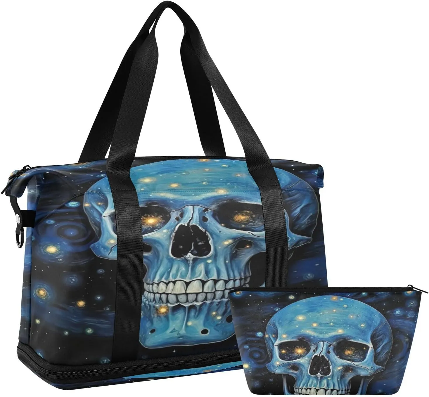 Kigai Art Starry Sky Skull Gym Bag for Women & Men,Waterproof Weekender Overnight Bag with Shoes Compartment Sports Duffel Bag for Gym Yoga Swimming Camping