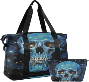 Kigai Art Starry Sky Skull Gym Bag for Women & Men,Waterproof Weekender Overnight Bag with Shoes Compartment Sports Duffel Bag for Gym Yoga Swimming Camping