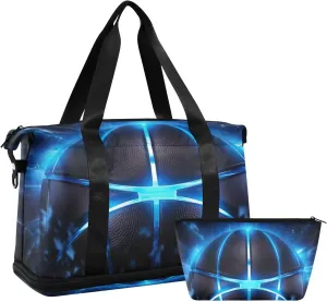 Kigai Basketball with Blue Light Gym Bag for Women & Men,Waterproof Weekender Overnight Bag with Shoes Compartment Sports Duffel Bag for Gym Yoga Swimming Camping