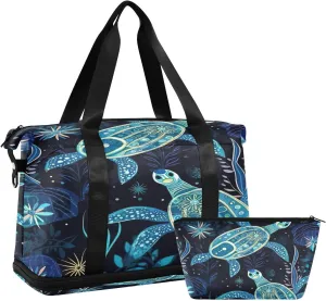 Kigai Blue Patterned Sea Turtle Gym Bag for Women & Men,Waterproof Weekender Overnight Bag with Shoes Compartment Sports Duffel Bag for Gym Yoga Swimming Camping