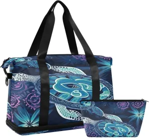 Kigai Blue Patterned Sea Turtle Gym Bag for Women & Men,Waterproof Weekender Overnight Bag with Shoes Compartment Sports Duffel Bag for Gym Yoga Swimming Camping