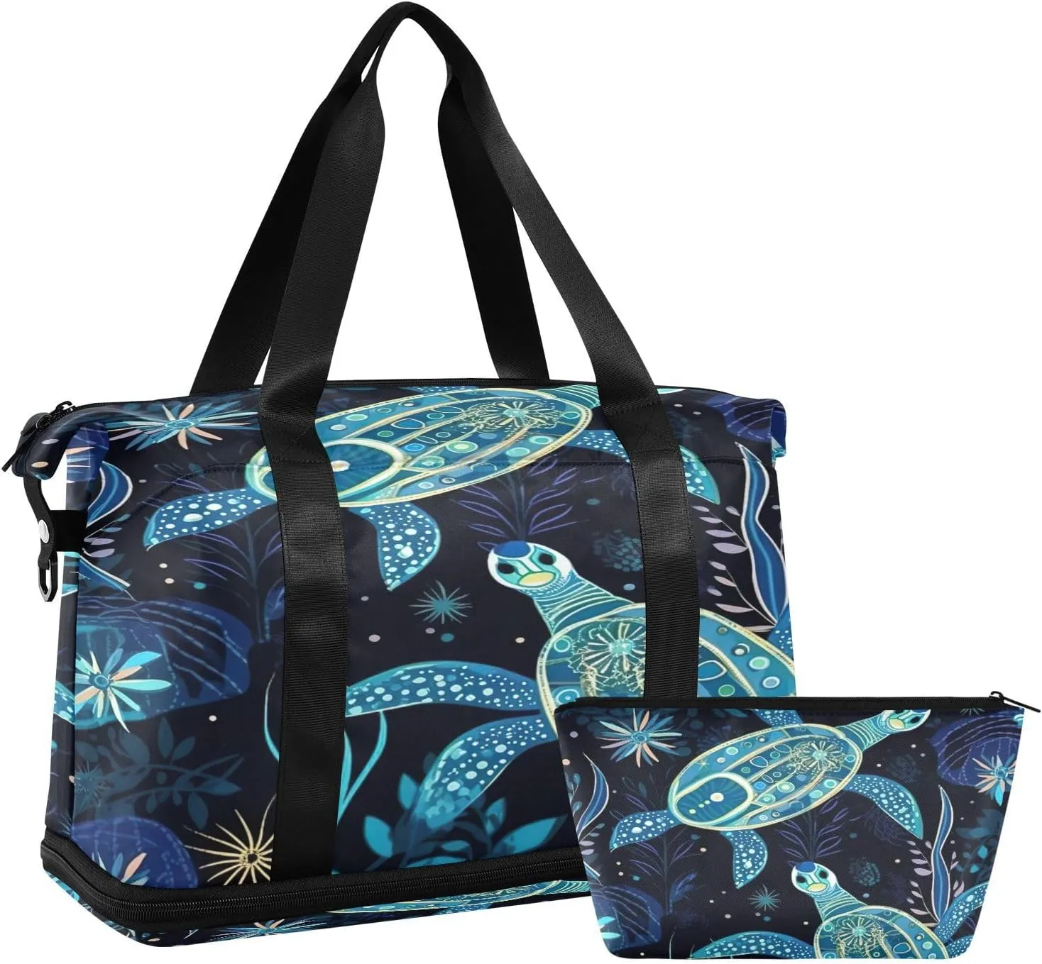 Kigai Blue Patterned Sea Turtle Gym Bag for Women & Men,Waterproof Weekender Overnight Bag with Shoes Compartment Sports Duffel Bag for Gym Yoga Swimming Camping