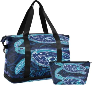 Kigai Blue Patterned Sea Turtle Gym Bag for Women & Men,Waterproof Weekender Overnight Bag with Shoes Compartment Sports Duffel Bag for Gym Yoga Swimming Camping
