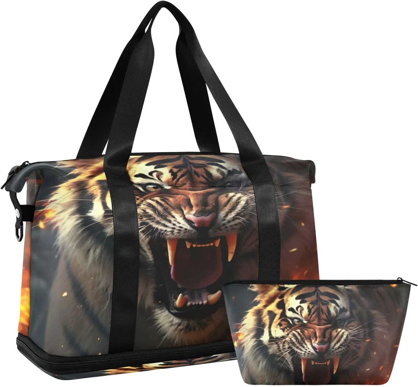 Kigai Flame Fierce Tiger Gym Bag for Women & Men,Waterproof Weekender Overnight Bag with Shoes Compartment Sports Duffel Bag for Gym Yoga Swimming Camping