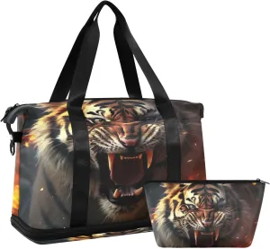 Kigai Flame Fierce Tiger Gym Bag for Women & Men,Waterproof Weekender Overnight Bag with Shoes Compartment Sports Duffel Bag for Gym Yoga Swimming Camping