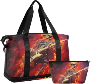 Kigai Flame Skull Playing Guitar Gym Bag for Women & Men,Waterproof Weekender Overnight Bag with Shoes Compartment Sports Duffel Bag for Gym Yoga Swimming Camping