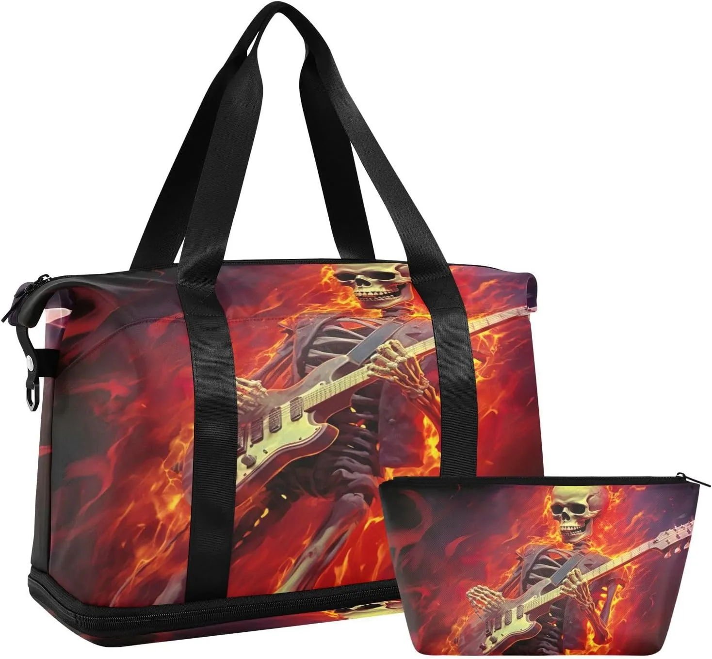 Kigai Flame Skull Playing Guitar Gym Bag for Women & Men,Waterproof Weekender Overnight Bag with Shoes Compartment Sports Duffel Bag for Gym Yoga Swimming Camping