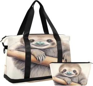 Kigai Sloth on The Branch Gym Bag for Women & Men,Waterproof Weekender Overnight Bag with Shoes Compartment Sports Duffel Bag for Gym Yoga Swimming Camping