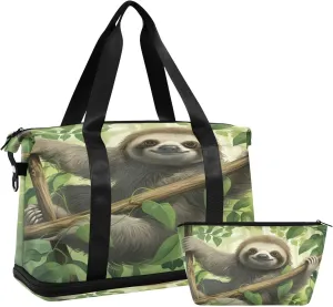 Kigai Sloth on The Branch Gym Bag for Women & Men,Waterproof Weekender Overnight Bag with Shoes Compartment Sports Duffel Bag for Gym Yoga Swimming Camping