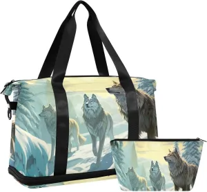 Kigai Wolf under Winter Snow Gym Bag for Women & Men,Waterproof Weekender Overnight Bag with Shoes Compartment Sports Duffel Bag for Gym Yoga Swimming Camping