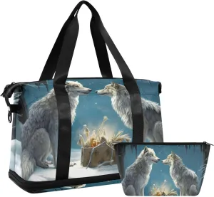Kigai Wolves in Winter Snow Gym Bag for Women & Men,Waterproof Weekender Overnight Bag with Shoes Compartment Sports Duffel Bag for Gym Yoga Swimming Camping