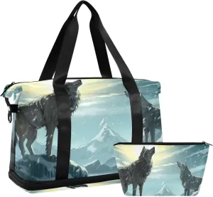 Kigai Wolves in Winter Snow Gym Bag for Women & Men,Waterproof Weekender Overnight Bag with Shoes Compartment Sports Duffel Bag for Gym Yoga Swimming Camping