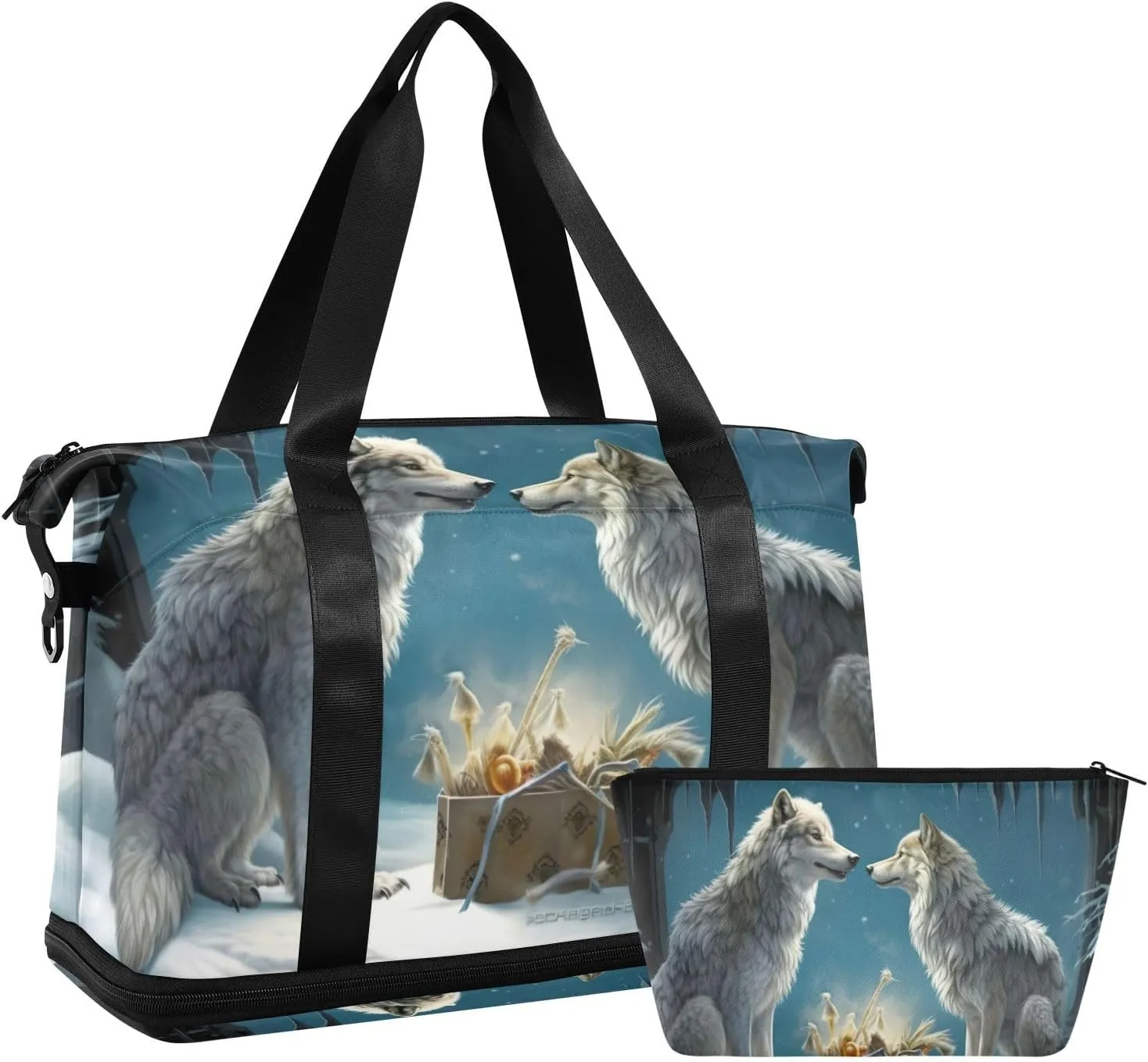 Kigai Wolves in Winter Snow Gym Bag for Women & Men,Waterproof Weekender Overnight Bag with Shoes Compartment Sports Duffel Bag for Gym Yoga Swimming Camping