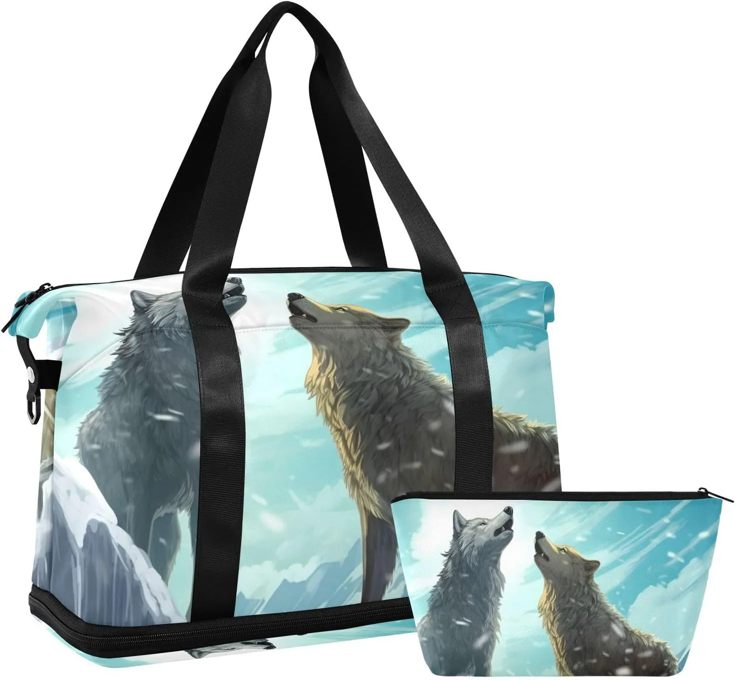Kigai Wolves in Winter Snow Gym Bag for Women & Men,Waterproof Weekender Overnight Bag with Shoes Compartment Sports Duffel Bag for Gym Yoga Swimming Camping