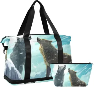 Kigai Wolves in Winter Snow Gym Bag for Women & Men,Waterproof Weekender Overnight Bag with Shoes Compartment Sports Duffel Bag for Gym Yoga Swimming Camping