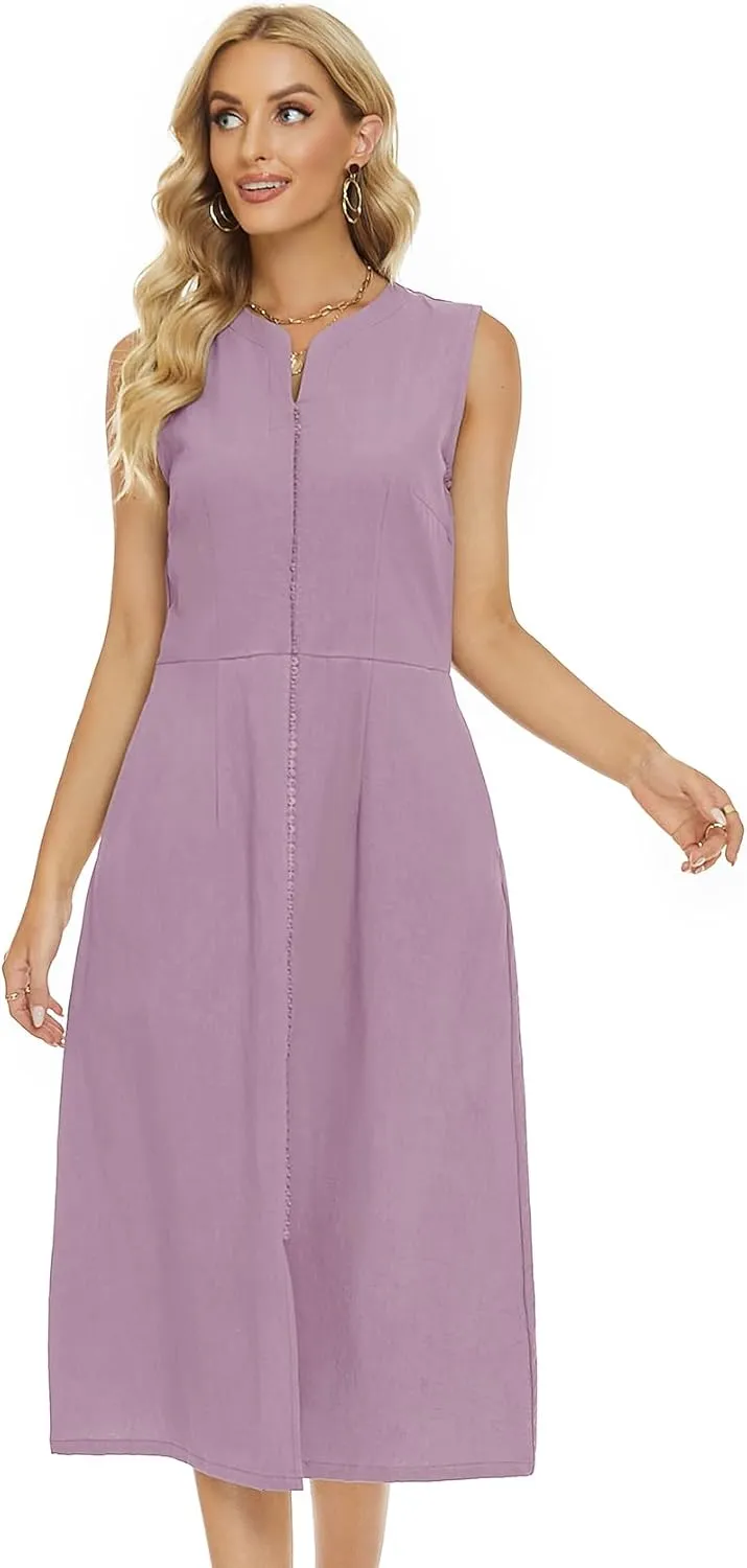 Ladyful Women's V Neck Solid Color Sleeveless Cotton Linen Dress