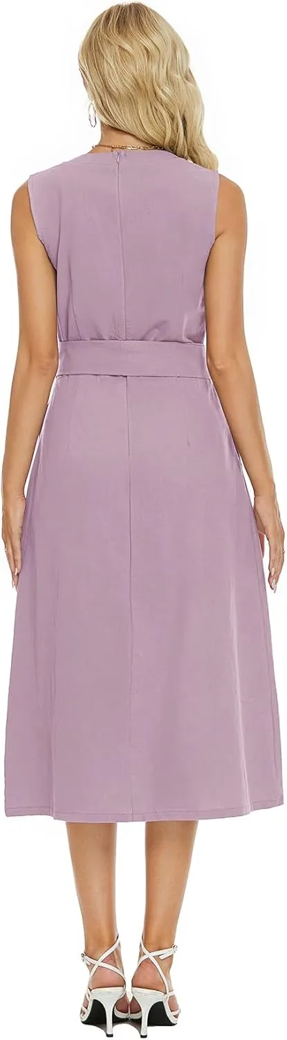Ladyful Women's V Neck Solid Color Sleeveless Cotton Linen Dress