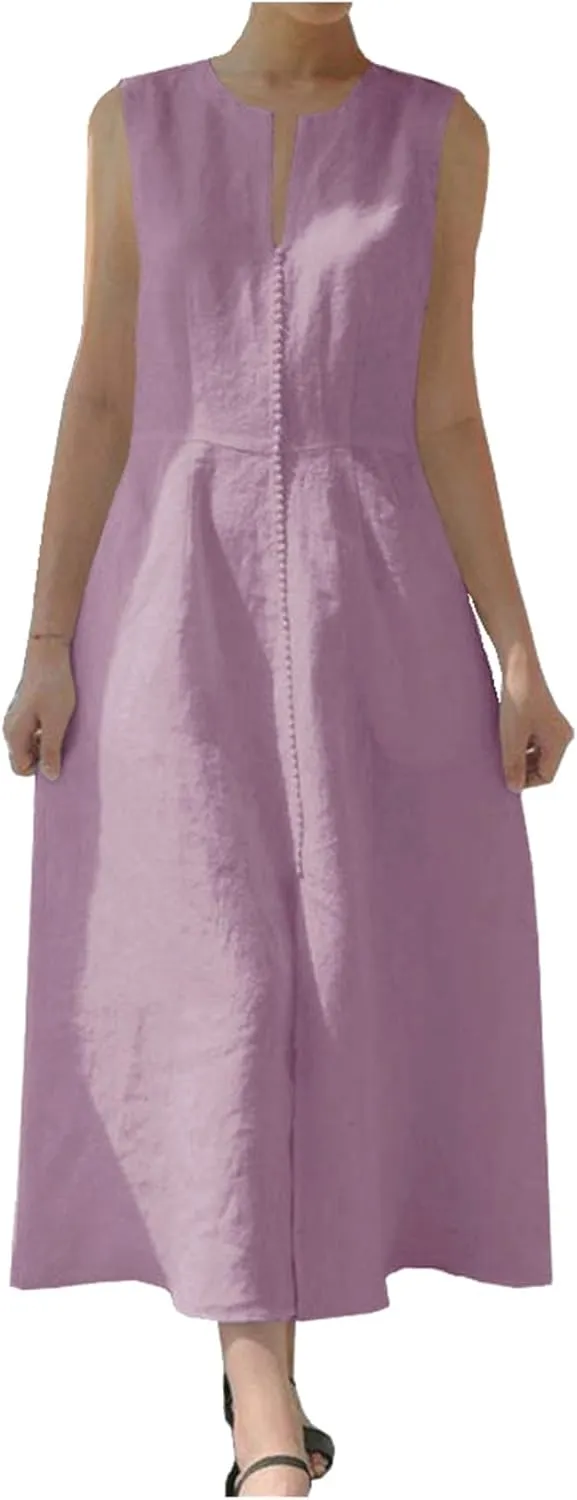 Ladyful Women's V Neck Solid Color Sleeveless Cotton Linen Dress