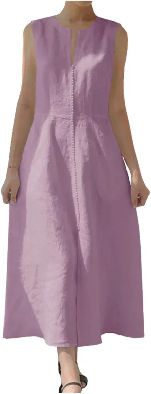 Ladyful Women's V Neck Solid Color Sleeveless Cotton Linen Dress