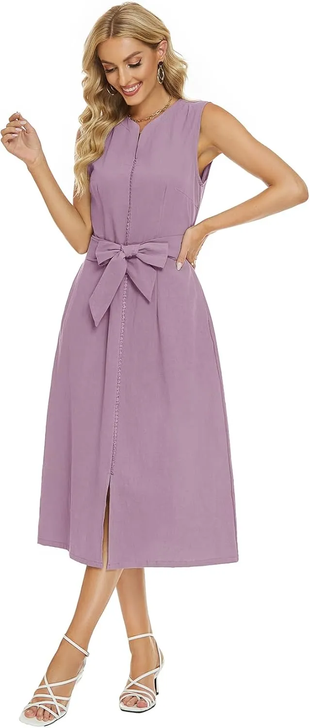 Ladyful Women's V Neck Solid Color Sleeveless Cotton Linen Dress