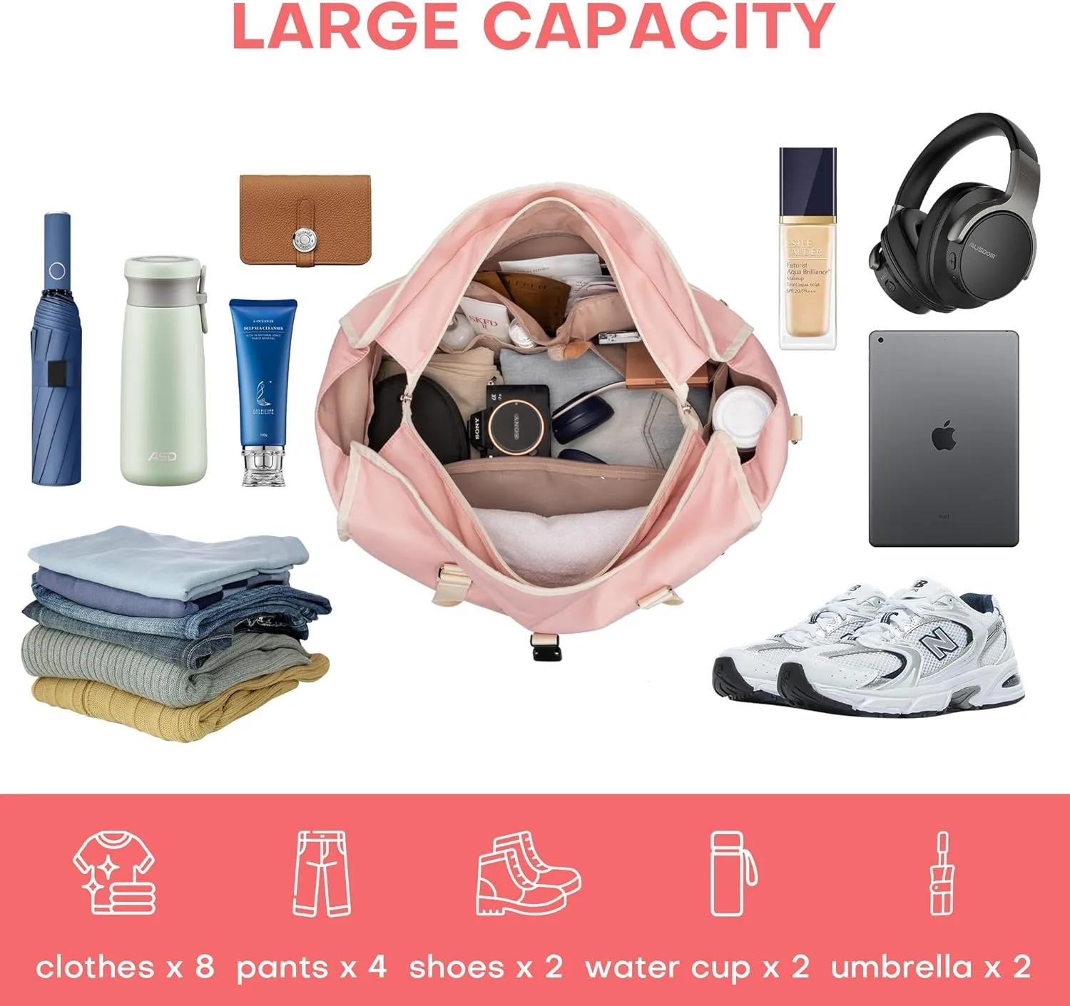 Large Duffle Bag for Travel with Shoes Compartment & Wet Pocket, Large Duffle Bag for Travel for Airplane Travel, Trip, Gym, Labor and Delivery, Pink A