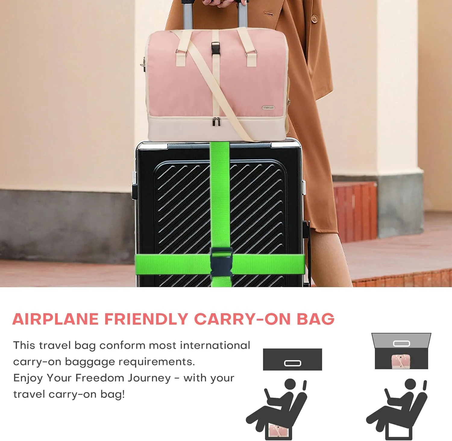 Large Duffle Bag for Travel with Shoes Compartment & Wet Pocket, Large Duffle Bag for Travel for Airplane Travel, Trip, Gym, Labor and Delivery, Pink A