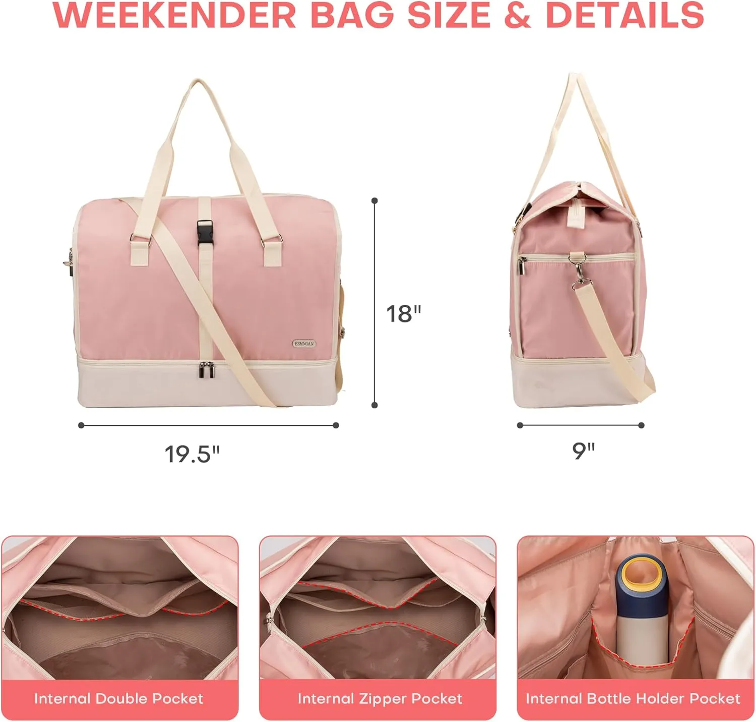 Large Duffle Bag for Travel with Shoes Compartment & Wet Pocket, Large Duffle Bag for Travel for Airplane Travel, Trip, Gym, Labor and Delivery, Pink A