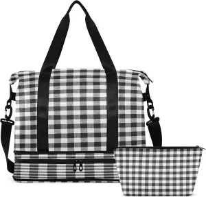 Large Gym Bag Gray Plaid Sports Travel Duffel Bag,Weekender Overnight Bag with Wet Pocket and Shoes Compartment for Women Girls Travel, Gym, Yoga, School