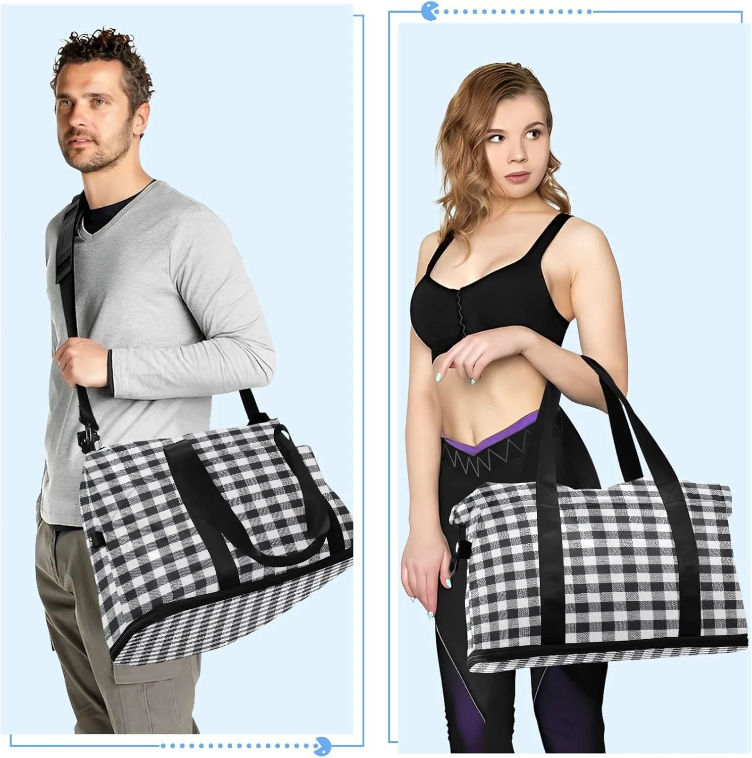 Large Gym Bag Gray Plaid Sports Travel Duffel Bag,Weekender Overnight Bag with Wet Pocket and Shoes Compartment for Women Girls Travel, Gym, Yoga, School