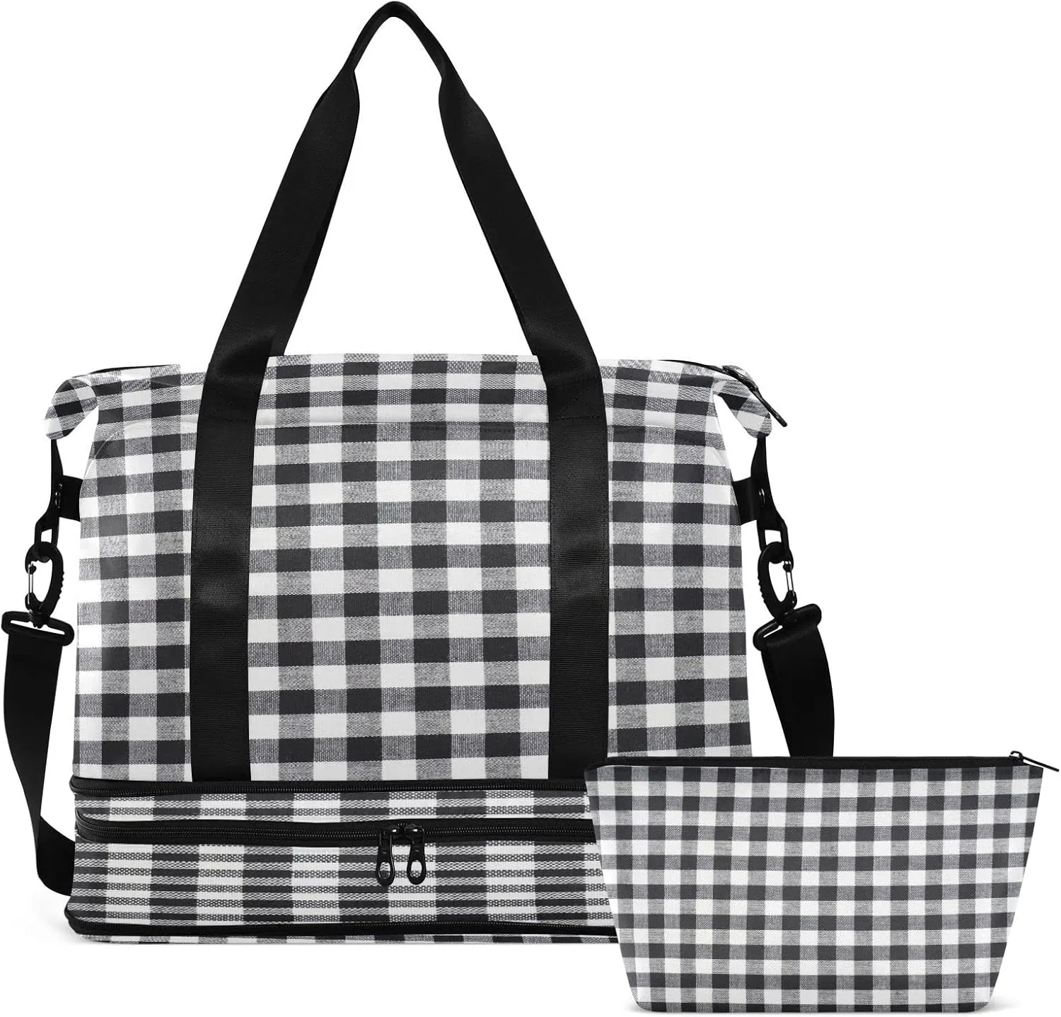 Large Gym Bag Gray Plaid Sports Travel Duffel Bag,Weekender Overnight Bag with Wet Pocket and Shoes Compartment for Women Girls Travel, Gym, Yoga, School