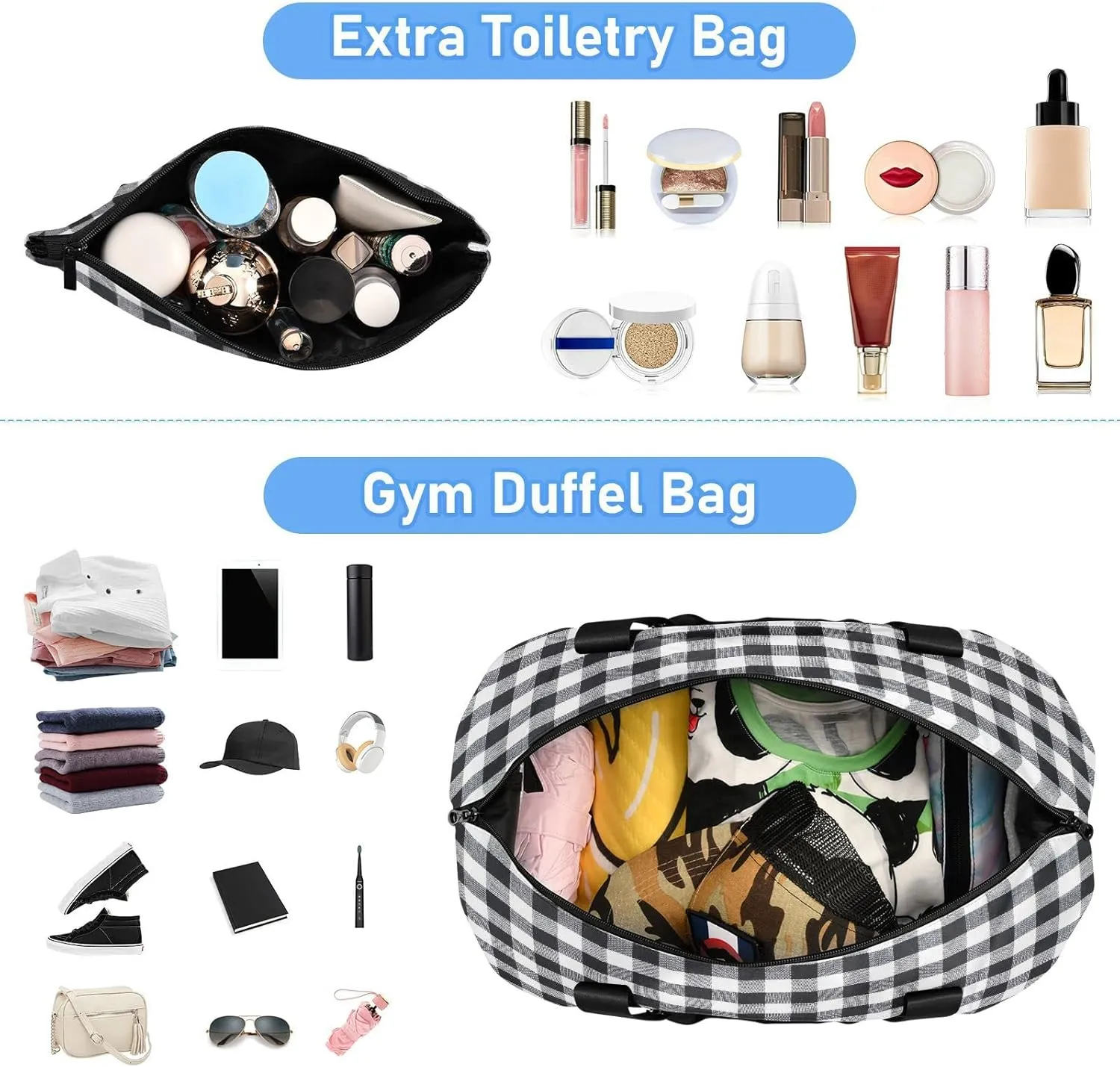 Large Gym Bag Gray Plaid Sports Travel Duffel Bag,Weekender Overnight Bag with Wet Pocket and Shoes Compartment for Women Girls Travel, Gym, Yoga, School