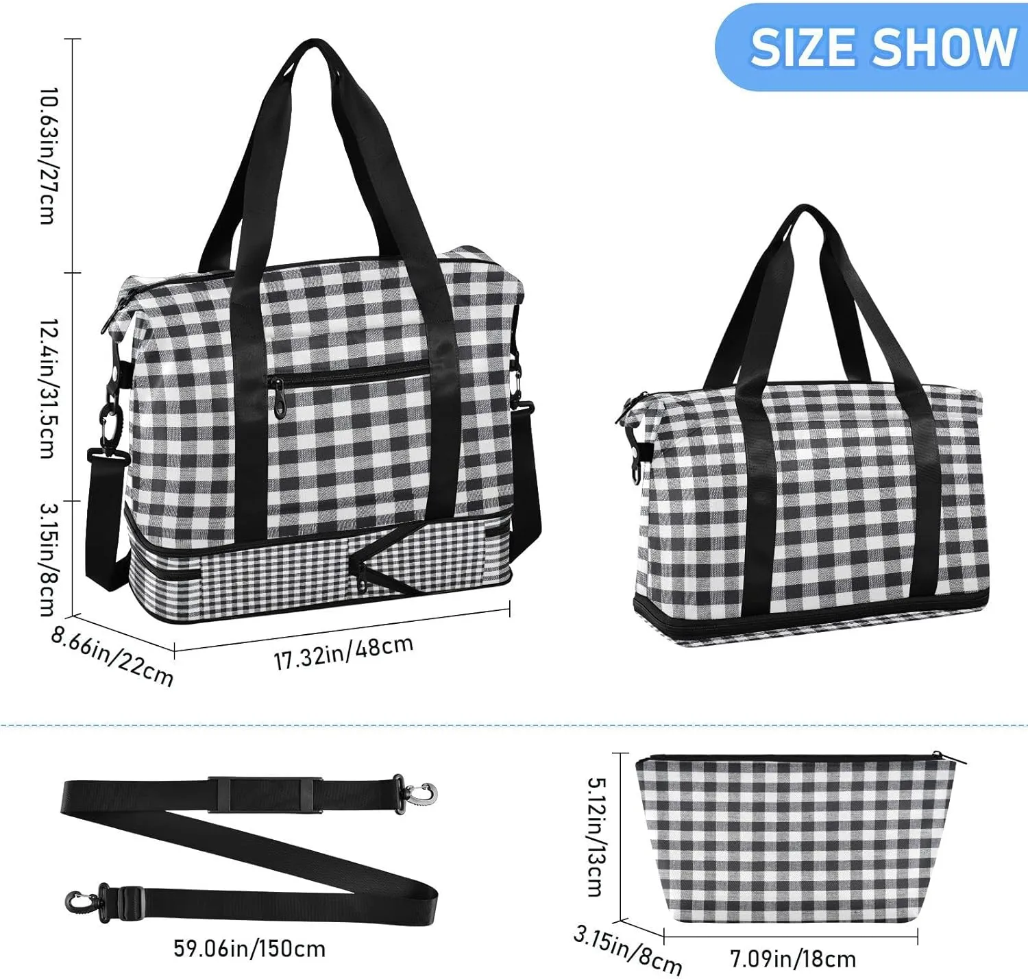 Large Gym Bag Gray Plaid Sports Travel Duffel Bag,Weekender Overnight Bag with Wet Pocket and Shoes Compartment for Women Girls Travel, Gym, Yoga, School