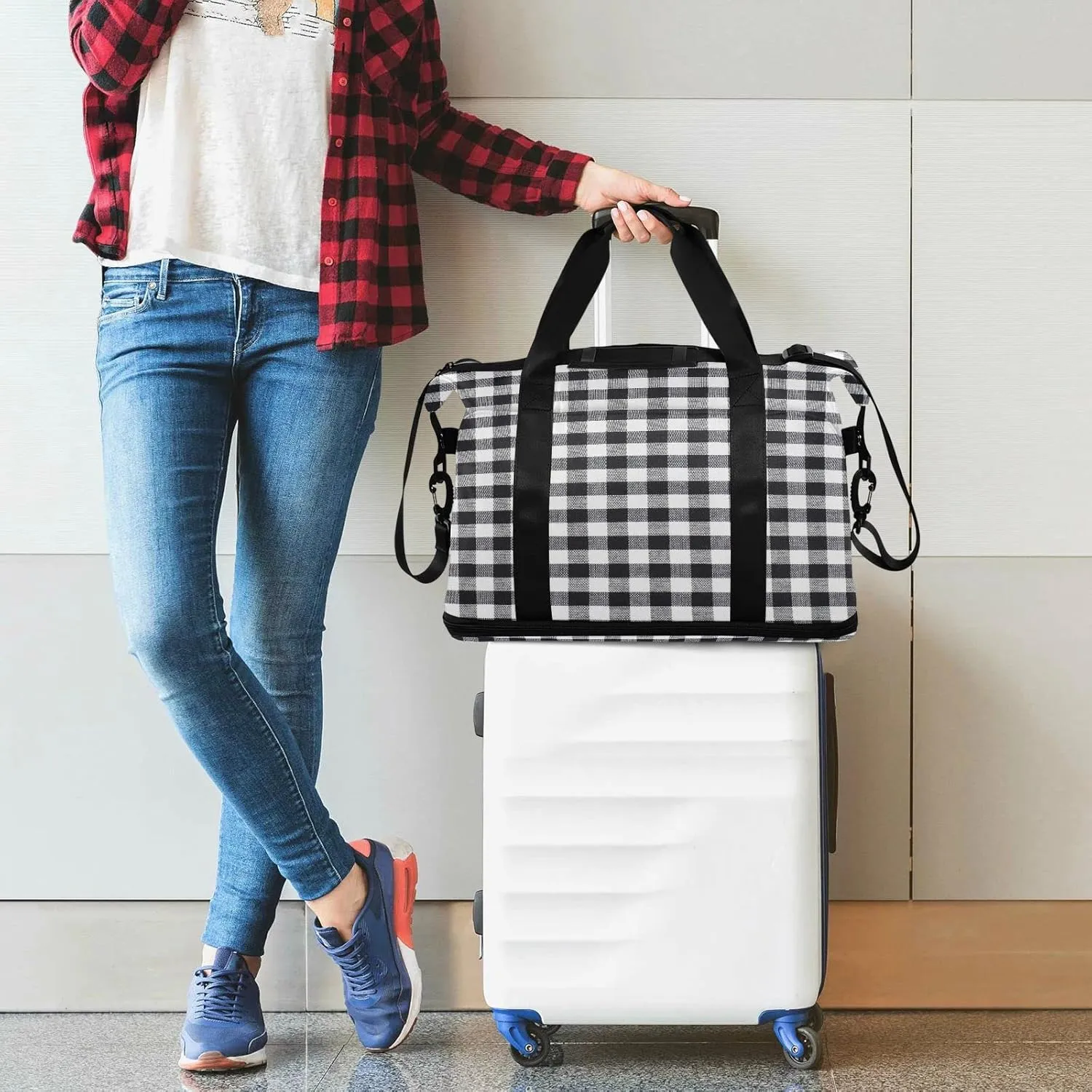 Large Gym Bag Gray Plaid Sports Travel Duffel Bag,Weekender Overnight Bag with Wet Pocket and Shoes Compartment for Women Girls Travel, Gym, Yoga, School