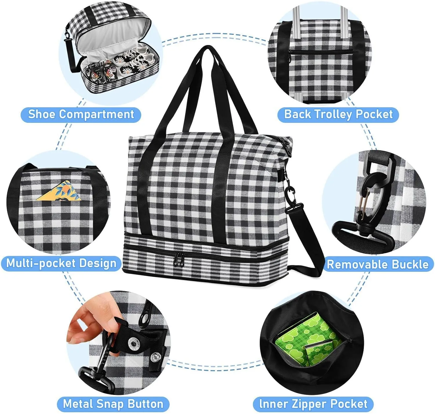 Large Gym Bag Gray Plaid Sports Travel Duffel Bag,Weekender Overnight Bag with Wet Pocket and Shoes Compartment for Women Girls Travel, Gym, Yoga, School