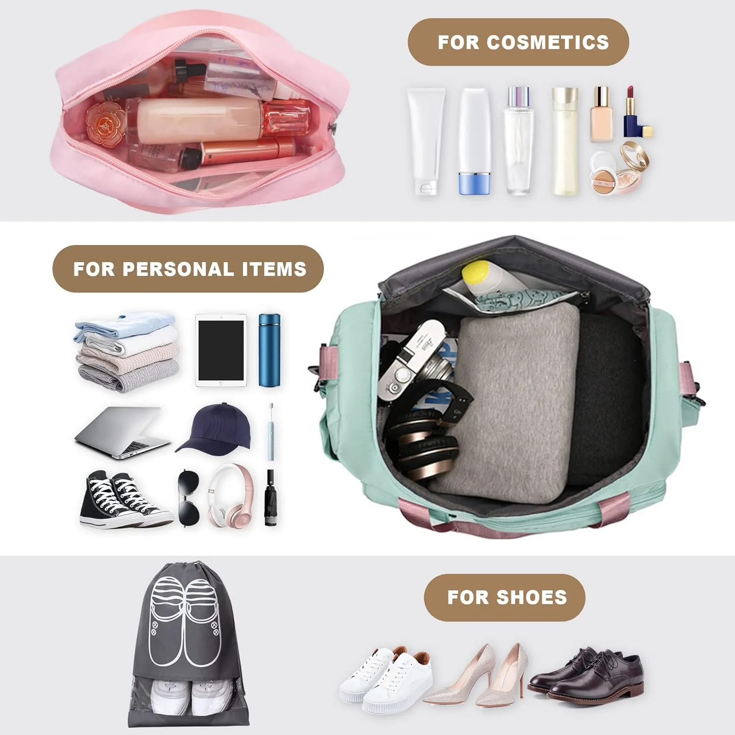 Large Weekender Overnight Bag with Shoes Compartment, Personal Tote for Women or Men, Waterproof Carry-on with Clear Cosmetic & Shoe Bags, 3Pcs Set (Green Pink)