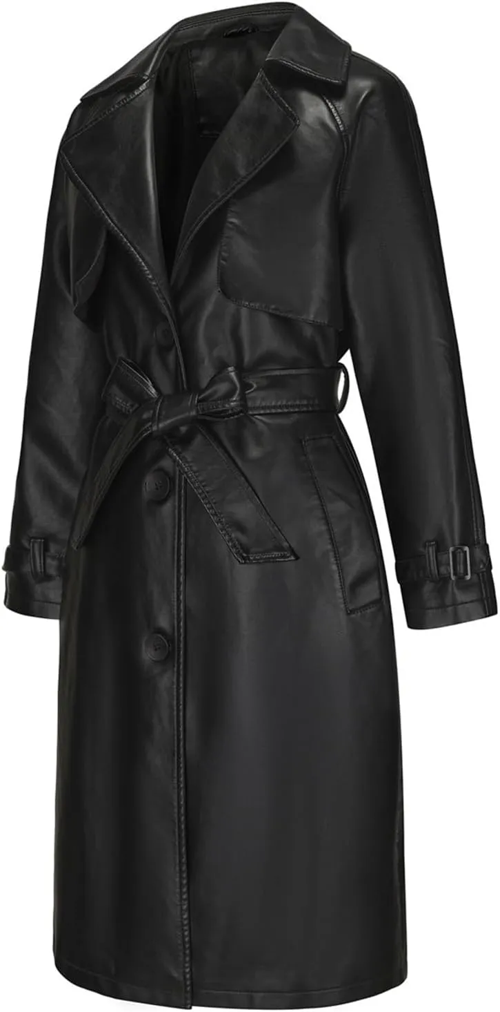 Leather Jacket Women Trench Long Coat Button Lined Jacket Open Front Faux Motorcycle Coat with Belt