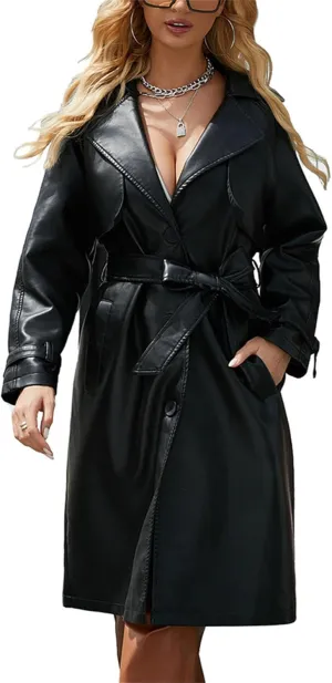 Leather Jacket Women Trench Long Coat Button Lined Jacket Open Front Faux Motorcycle Coat with Belt