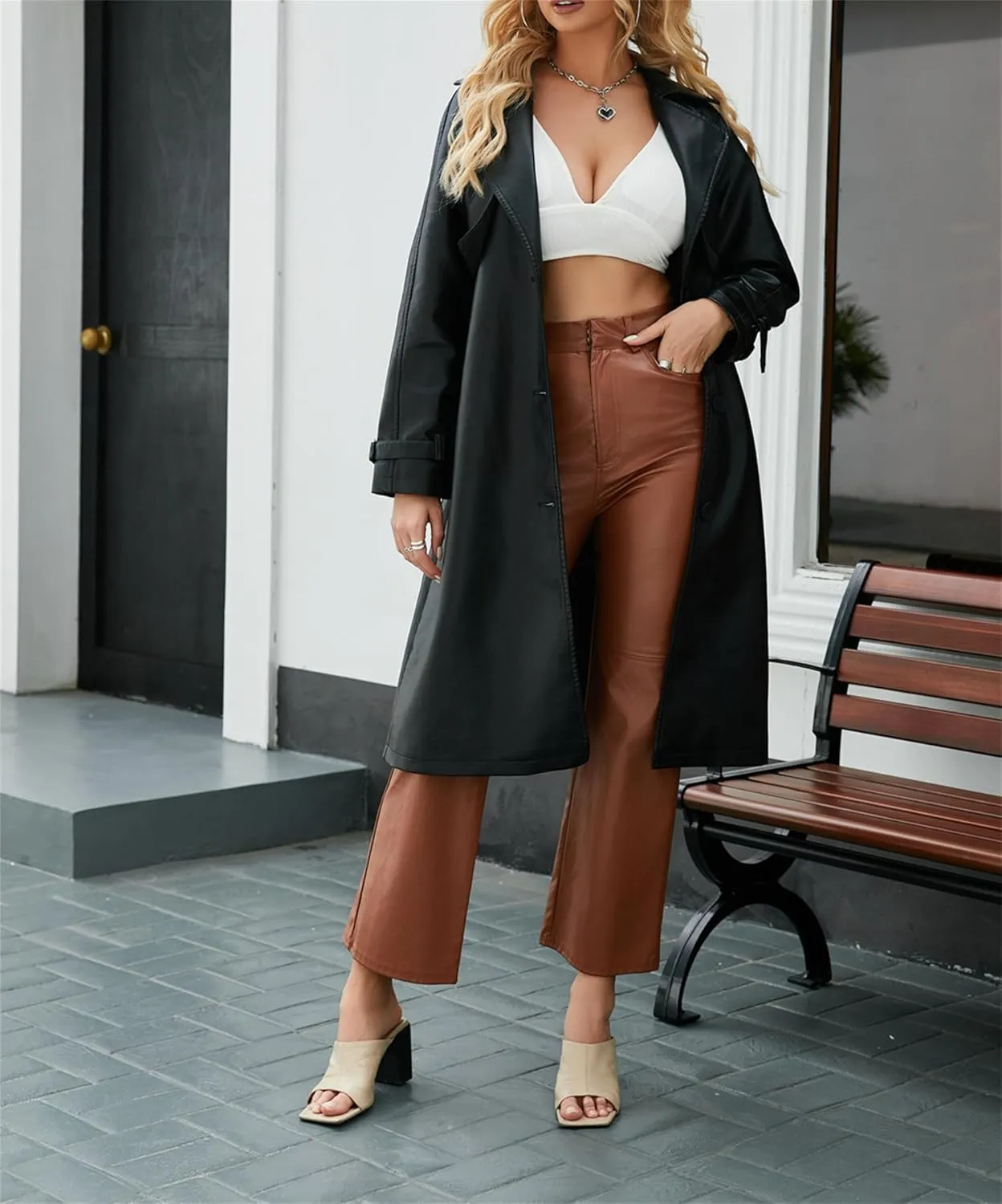 Leather Jacket Women Trench Long Coat Button Lined Jacket Open Front Faux Motorcycle Coat with Belt