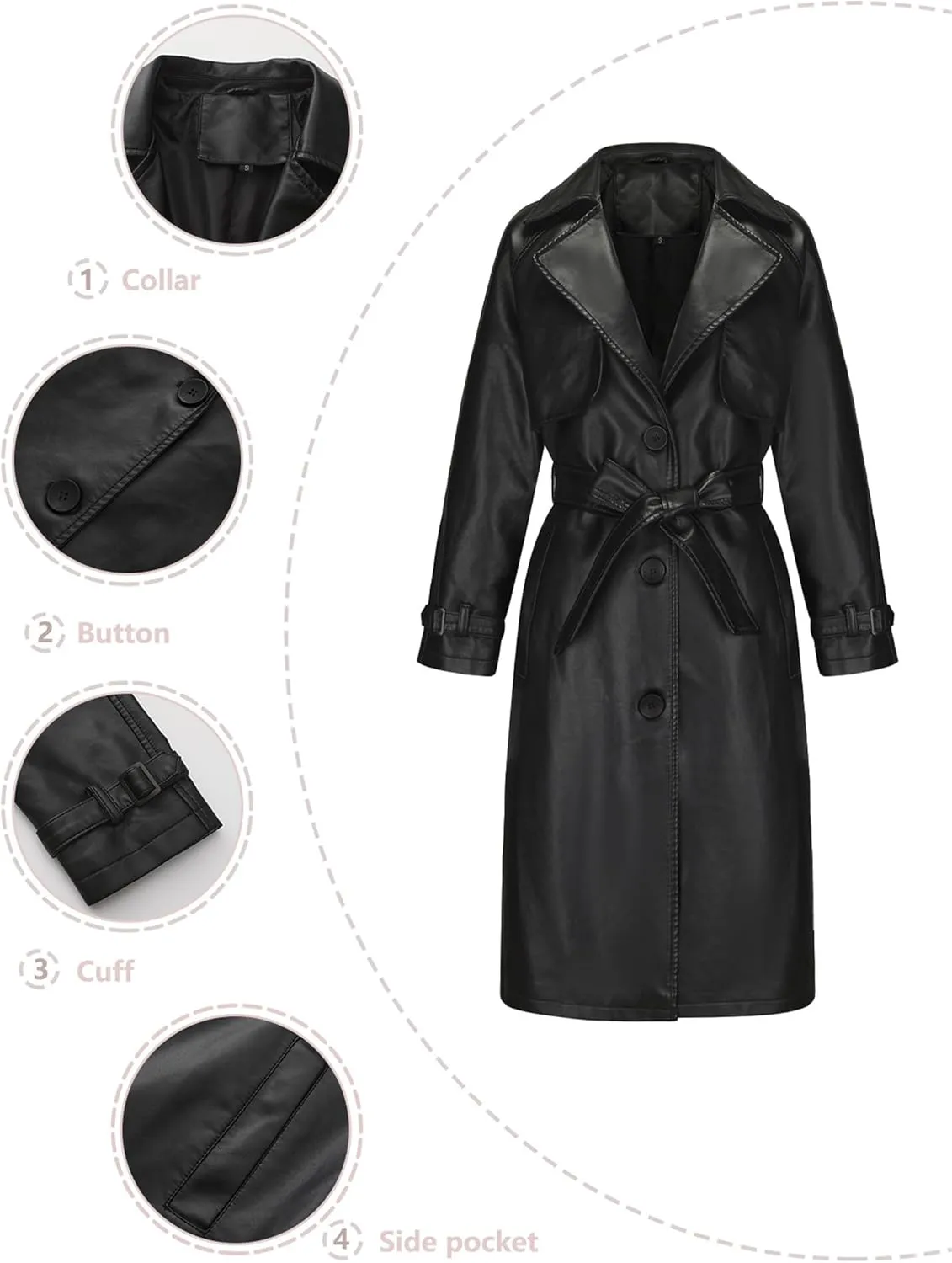 Leather Jacket Women Trench Long Coat Button Lined Jacket Open Front Faux Motorcycle Coat with Belt