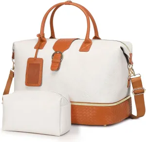 Leather Weekender Bags for Women, Travel Duffel Bag PU Overnight Bag Carry On Tote Bag with Shoe Compartment Wet Pocket, Beige Brown, X-Large, Travel Duffle Bag