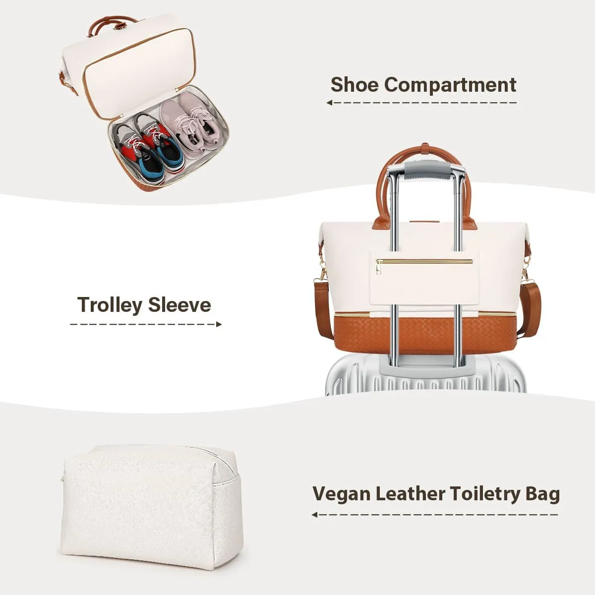 Leather Weekender Bags for Women, Travel Duffel Bag PU Overnight Bag Carry On Tote Bag with Shoe Compartment Wet Pocket, Beige Brown, X-Large, Travel Duffle Bag
