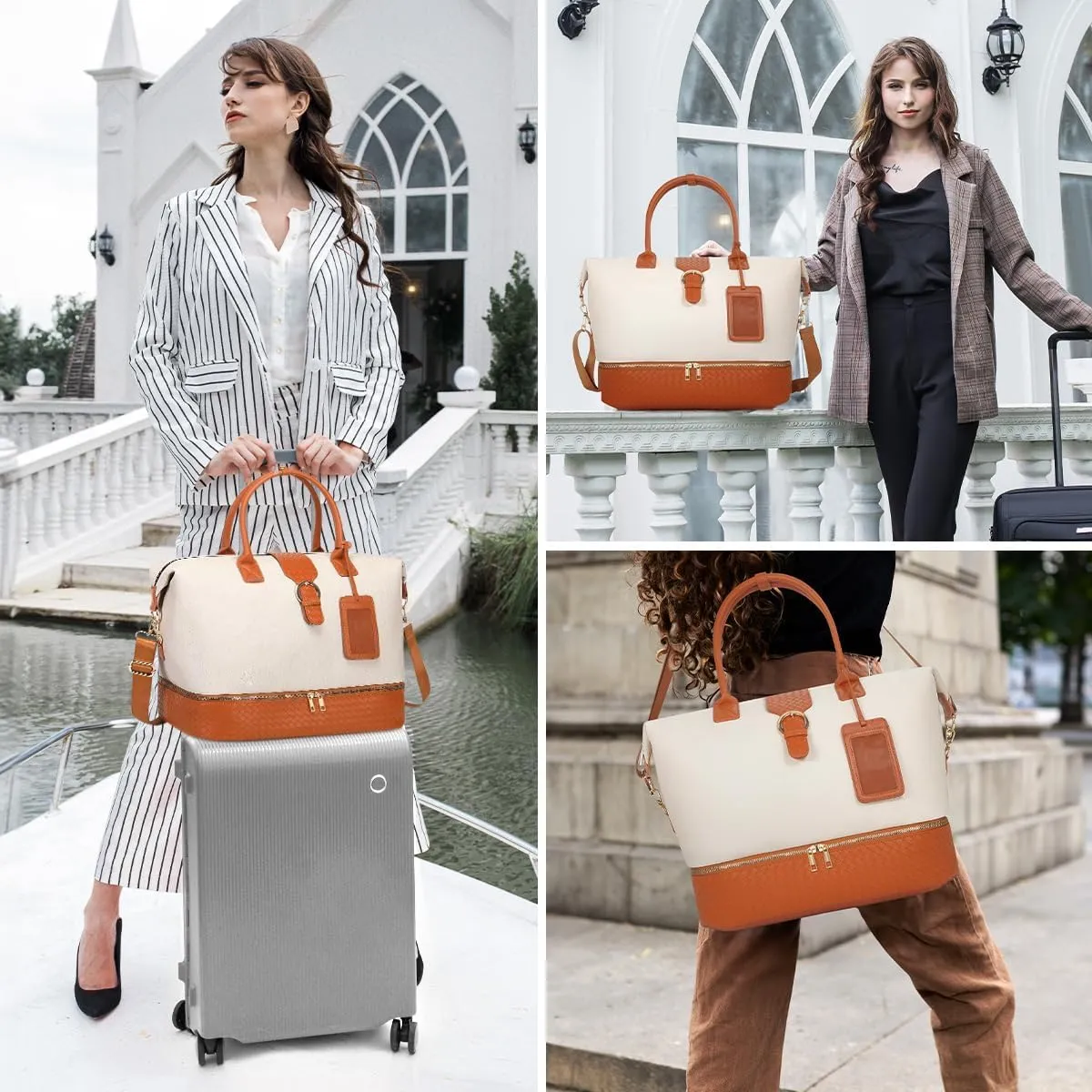 Leather Weekender Bags for Women, Travel Duffel Bag PU Overnight Bag Carry On Tote Bag with Shoe Compartment Wet Pocket, Beige Brown, X-Large, Travel Duffle Bag