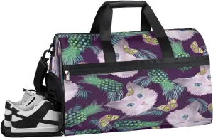 Leaves Cat Pineapple Sports Gym Bag with Wet Pocket & Shoes Compartment Waterproof Workout Duffel Bag for Women and Men Weekender Overnight Duffle Bag Travel Carry-on Tote