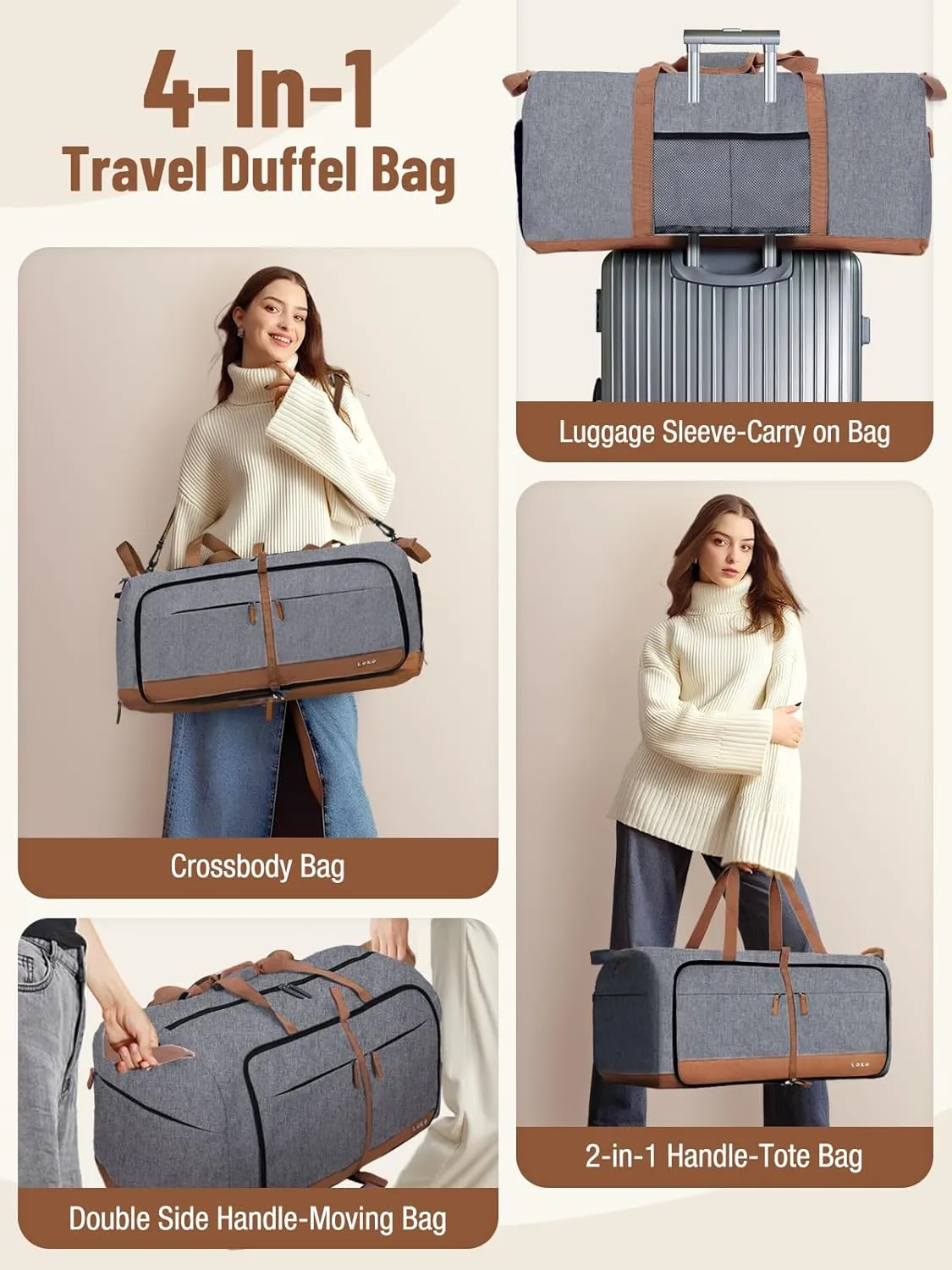 Lekesky Foldable Travel Duffel Bag for Women, 60L Large Duffle Bag with Separate Shoes Compartments & Straps, Carry On Weekend Bag for Women, Hospital, Overnight(Grey)