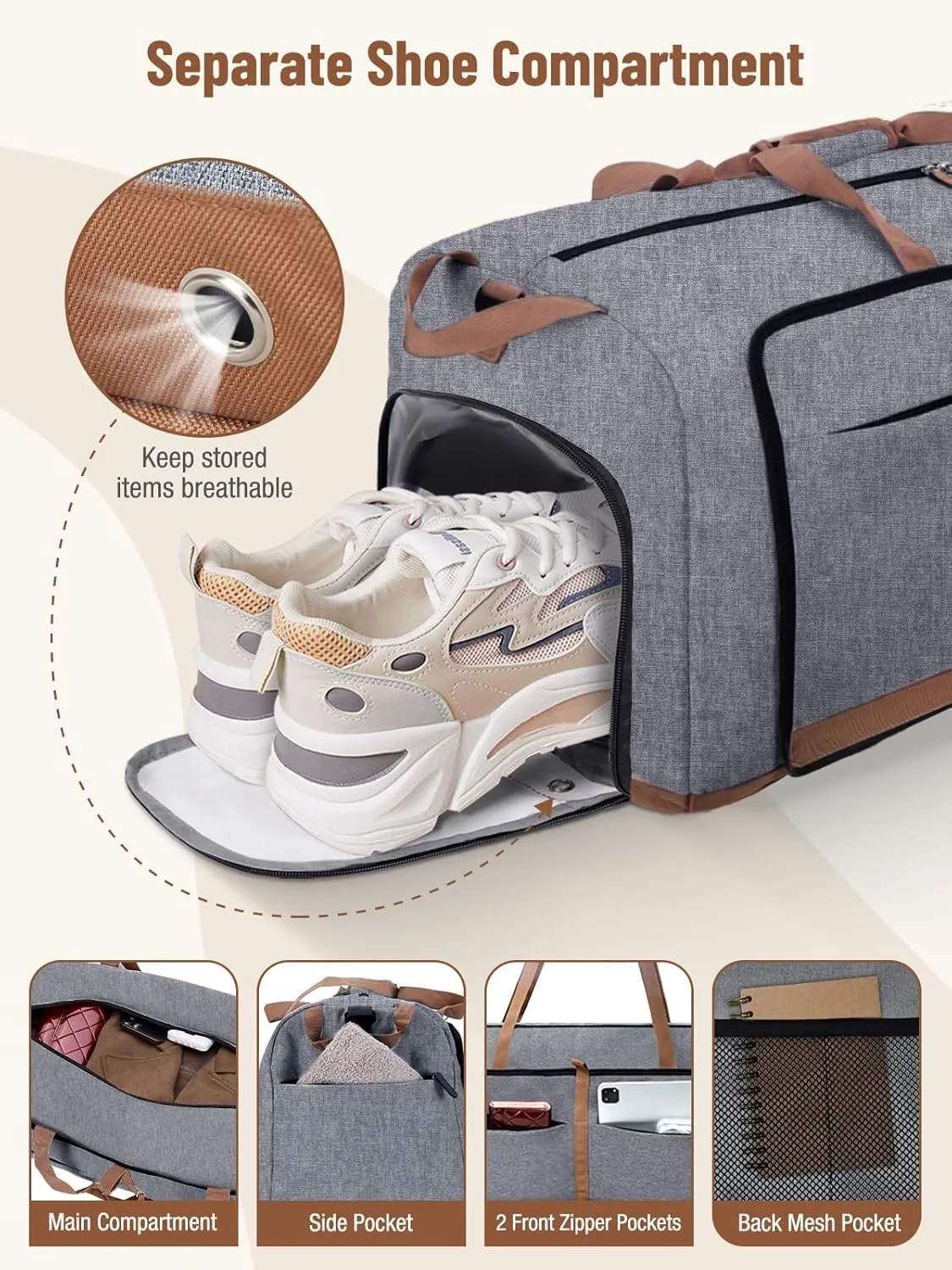 Lekesky Foldable Travel Duffel Bag for Women, 60L Large Duffle Bag with Separate Shoes Compartments & Straps, Carry On Weekend Bag for Women, Hospital, Overnight(Grey)
