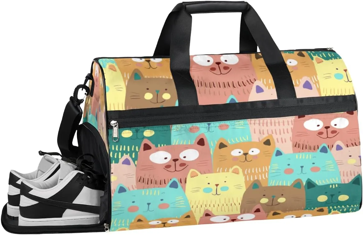 Lovely Cat Animals Sports Gym Bag with Wet Pocket & Shoes Compartment Waterproof Workout Duffel Bag for Women and Men Weekender Overnight Duffle Bag Travel Carry-on Tote