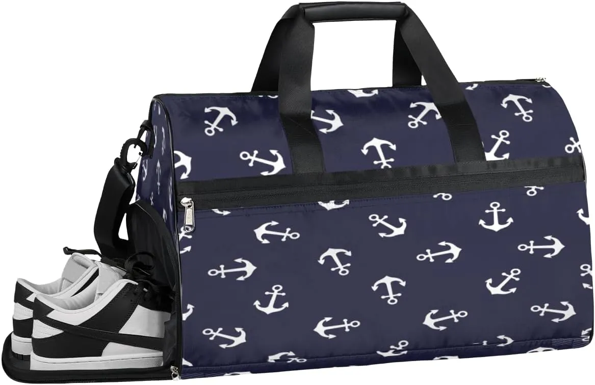 Marine Anchor Style Sports Gym Bag with Wet Pocket & Shoes Compartment Waterproof Workout Duffel Bag for Women and Men Weekender Overnight Duffle Bag Travel Carry-on Tote