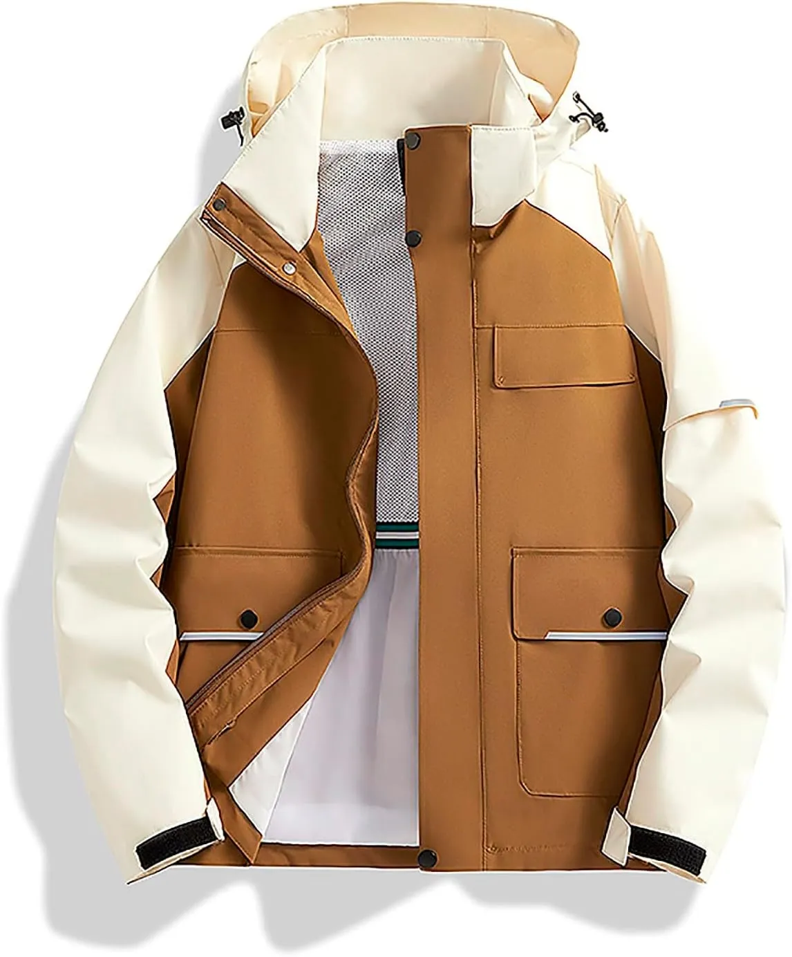 Mens Casual Rain Jacket Fashion Color Block Preppy Windbreaker Hooded Jacket Coats Outdoor Hiking Travel Raincoat
